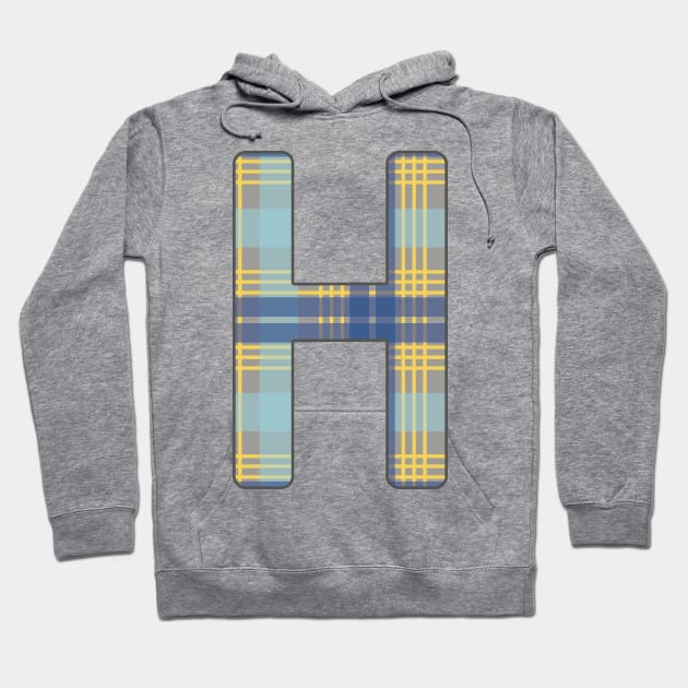 Monogram Letter H, Blue, Yellow and Grey Scottish Tartan Style Typography Design Hoodie by MacPean